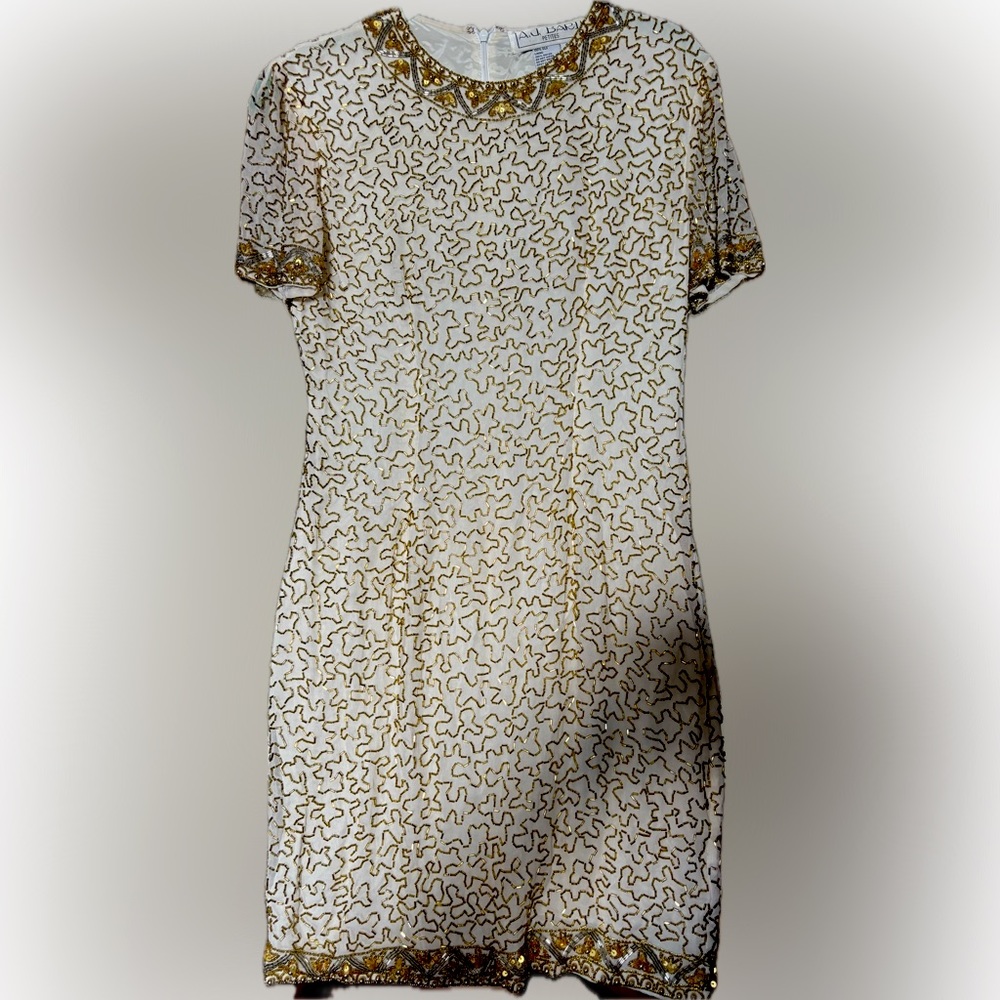 True Vintage A.J. Bari beaded Party Formal Dress Cream and Gold 100% Silk